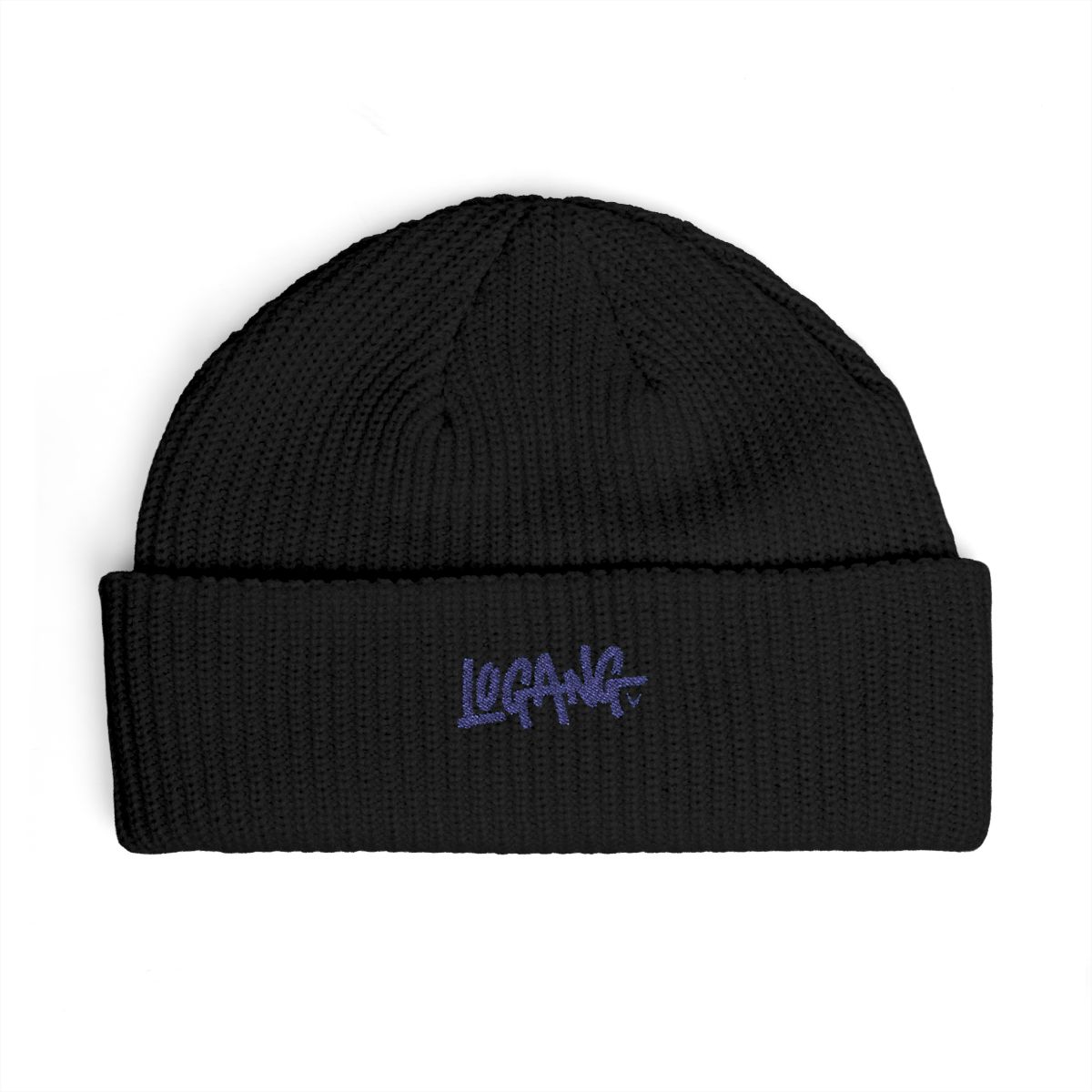 A navy blue beanie with a white "LOGANG" logo in a graffiti style